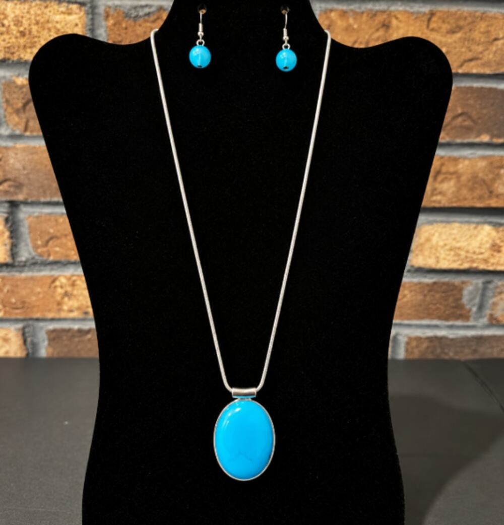 Blue Oval Stone Necklace with Matching Hook Earrings Silver Tone Chain